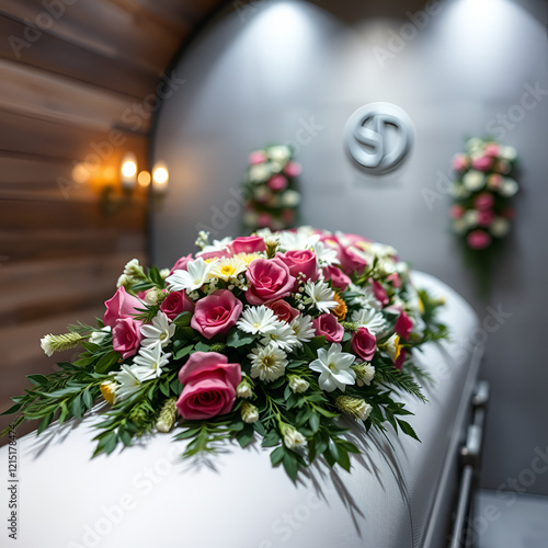 Close up of floral arrangement on casket in cremation chamber, funeral, arrangement, cremation, memorial, flowers photo