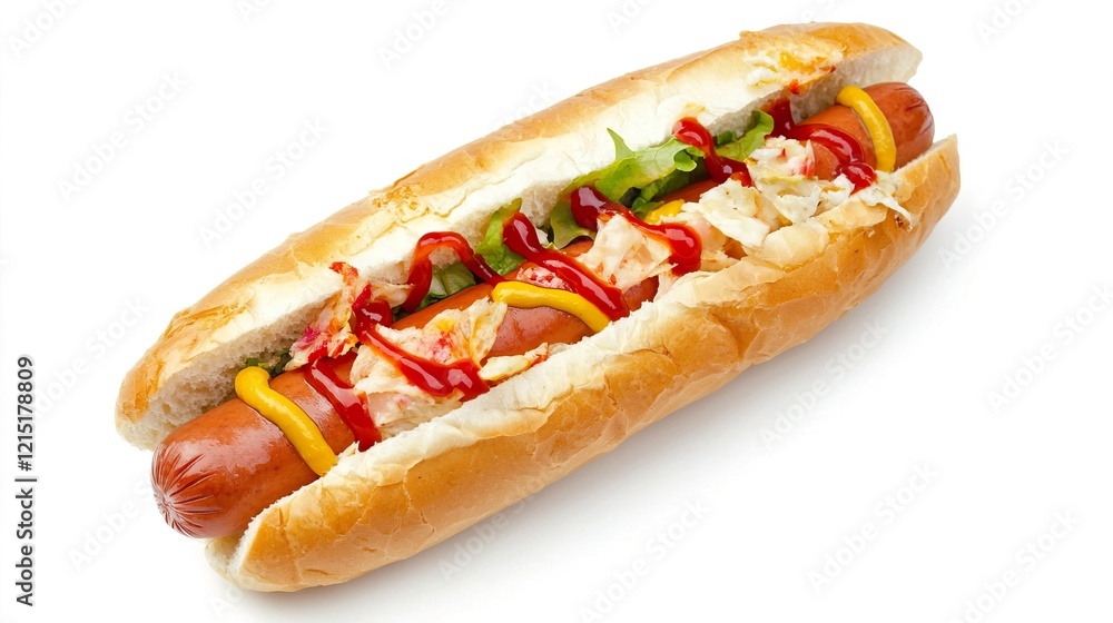 Colorful Hot Dog with Toppings of Ketchup, Mustard and Veggies Colorful Hot Dog with Toppings of Ketchup, Mustard and Veggies