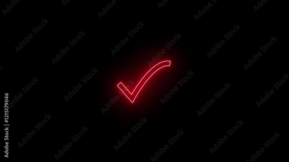 Glowing neon check mark icon animation on black background. Glowing neon check mark icon animation on black background.