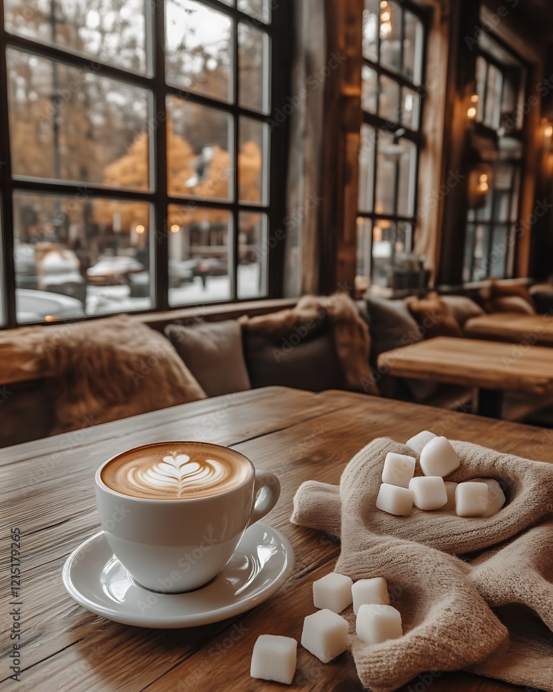 Latte Art Coffee In Cozy Autumn Cafe Setting Latte Art Coffee In Cozy Autumn Cafe Setting