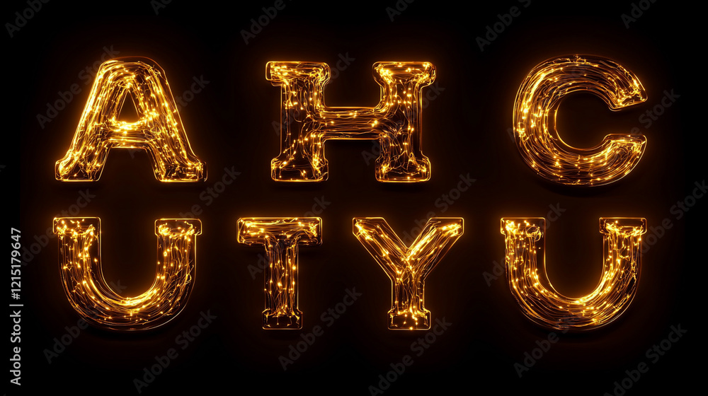 Glowing Golden Letters A H C U T Y Bright Alphabet Design Glowing Golden Letters A H C U T Y Bright Alphabet Design