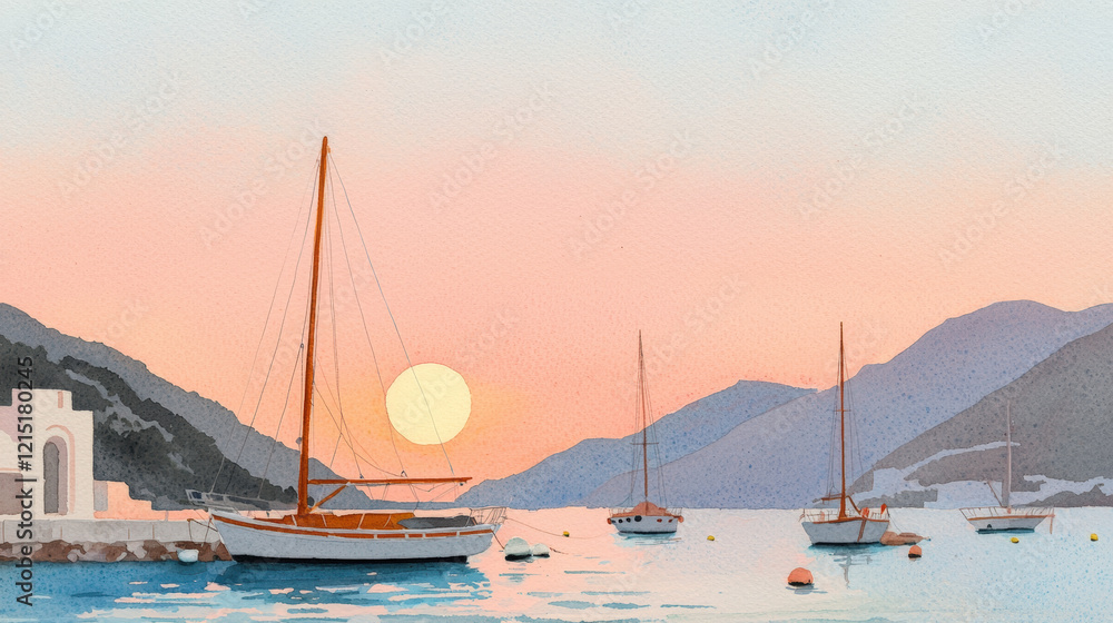 Fototapeta premium serene sunset over tranquil harbor with sailboats and mountains. warm colors create peaceful atmosphere