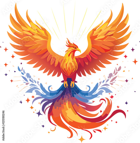 Phoenix rising from celestial flames, feathers shimmering with cosmic energy vector design. 