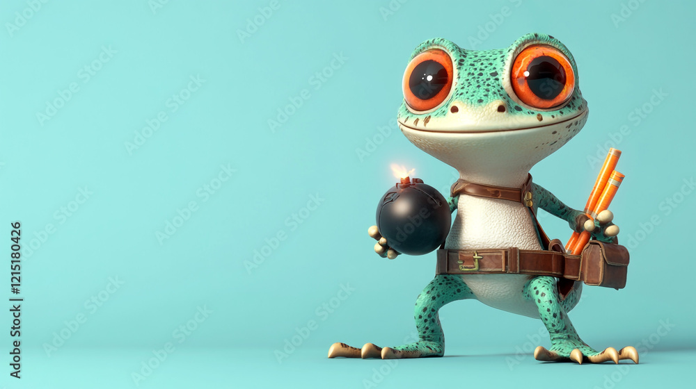 Cute Gecko Cartoon Character Holding Bomb Dynamite Tools Cute Gecko Cartoon Character Holding Bomb Dynamite Tools