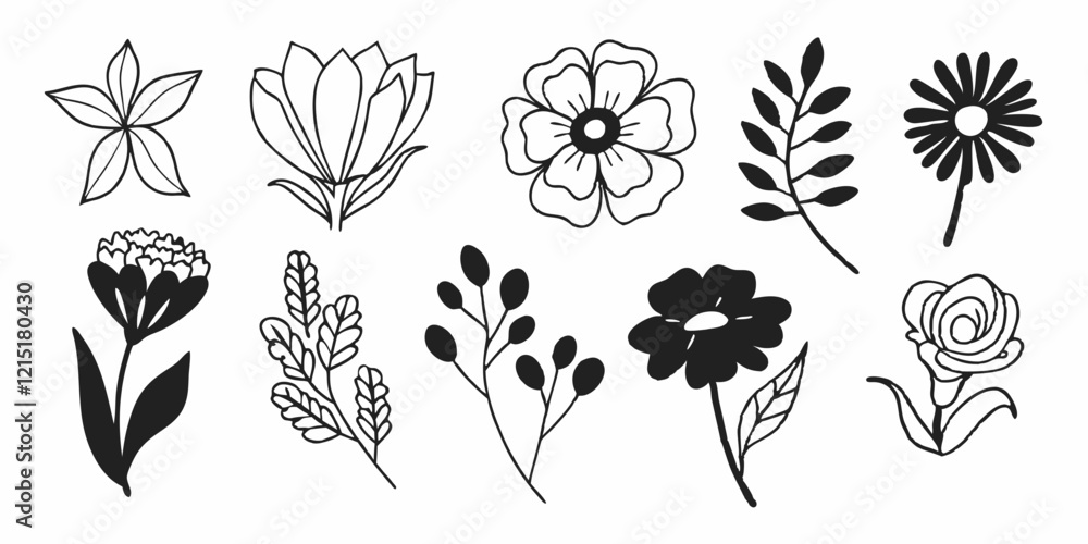 Obraz premium minimal botanical graphic sketch drawing, trendy tiny tattoo design, floral elements vector illustration. Minimal Botanical Sketch Set: Floral Illustrations for Creative Designs.