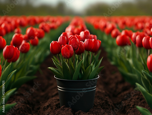 Vibrant red tulips in a blooming field photo