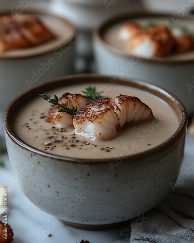 Creamy Scallop Soup Garnish Fresh Thyme photo