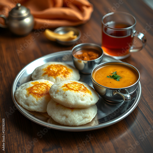 Indian Breakfast , idli with sambhar and indian tea ,morning style breakfast , indian idli ,idli with chuney photo