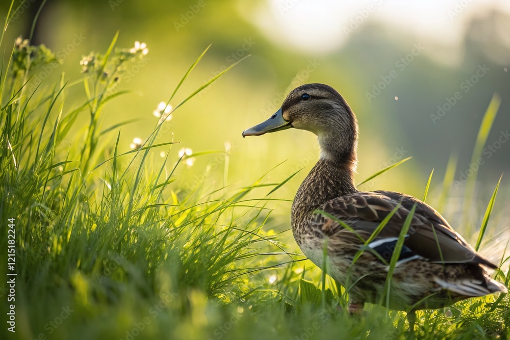 Long Exposure Photo of a Duck in Lush Green Grass at Sunset Long Exposure Photo of a Duck in Lush Green Grass at Sunset