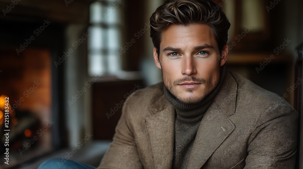Handsome man in turtleneck sweater by fireplace. Handsome man in turtleneck sweater by fireplace.