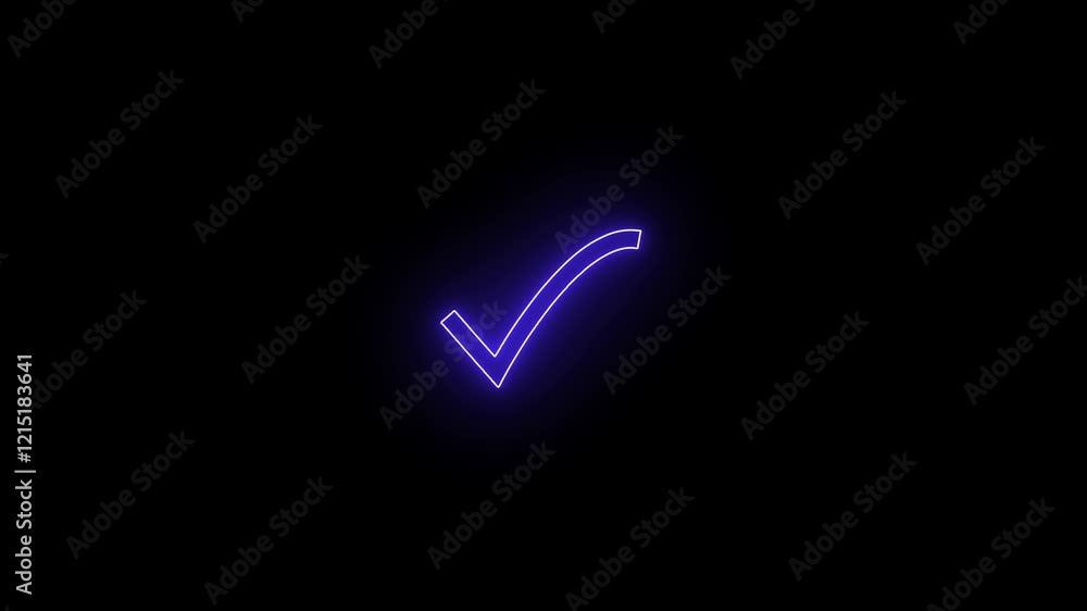 Glowing neon check mark icon animation on black background. Glowing neon check mark icon animation on black background.