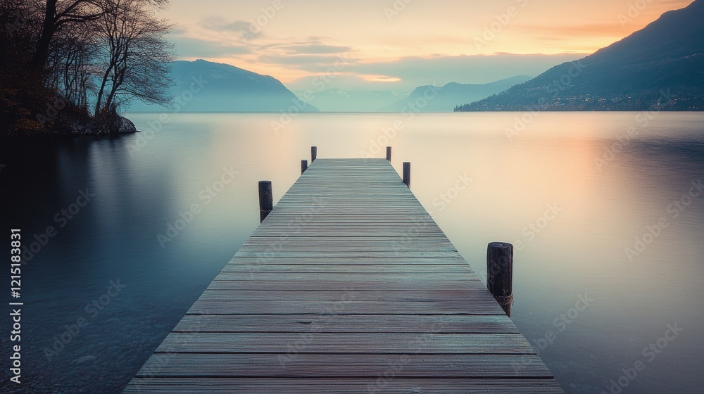 A tranquil dock extends over still waters into a misty lake, inviting contemplation amid serene beauty and soft pastel skies.