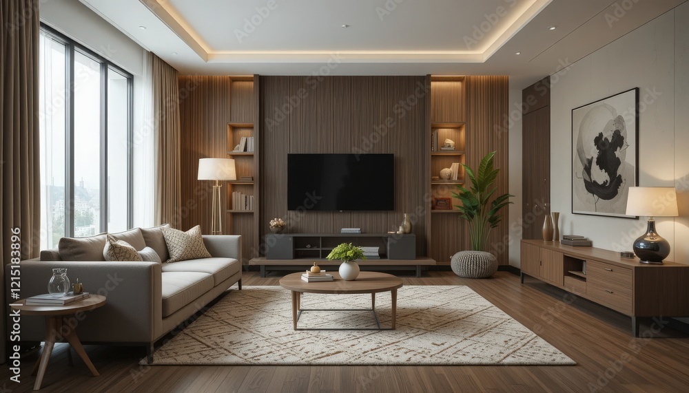 Fototapeta premium Sunlight fills the spacious living room, highlighting stylish furniture and elegant decor. A soft rug and lush plants create an inviting atmosphere perfect for relaxation and social gatherings