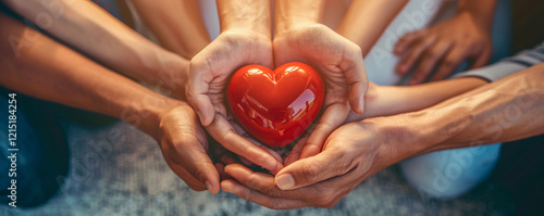 United hands holding red heart symbol