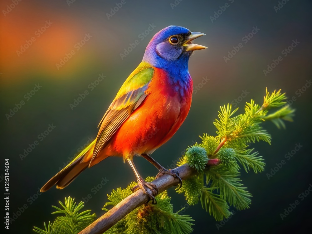 Fototapeta premium Painted Bunting Singing at Dawn: Low Light Bird Photography