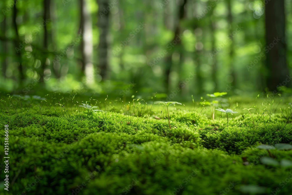Close up view of vibrant green moss covering the forest floor, with small plants sprouting and blurred trees providing a soft backdrop Close up view of vibrant green moss covering the forest floor, with small plants sprouting and blurred trees providing a soft backdrop