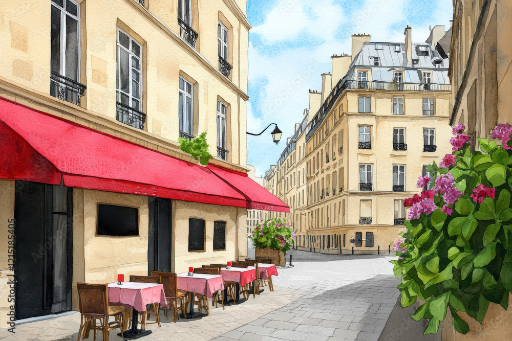charming Parisian street scene featuring cafe with red awnings, outdoor seating, and blooming flowers. atmosphere is inviting and picturesque charming Parisian street scene featuring cafe with red awnings, outdoor seating, and blooming flowers. atmosphere is inviting and picturesque