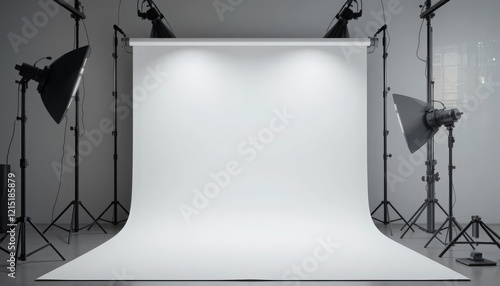 A spacious photography studio showcases a pristine white backdrop, surrounded by professional lighting equipment