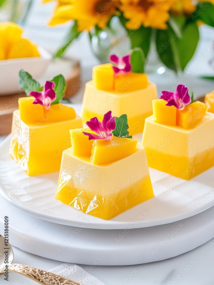 A Dazzling Vegan Mango Mousse Dessert Bar - Elegant vegan mango mousse dessert squares, adorned with fresh mango and vibrant flowers. Sweet, refreshing, and visually stunning. Perfect for a summer pa A Dazzling Vegan Mango Mousse Dessert Bar - Elegant vegan mango mousse dessert squares, adorned with fresh mango and vibrant flowers. Sweet, refreshing, and visually stunning. Perfect for a summer pa