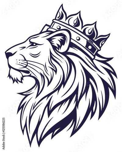 Majestic lion wearing a crown, profile view of a regal animal