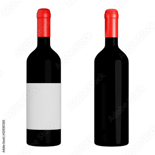 3d realistic wine bottle black color with a red stopper. Stock vector illustration on isolated background.