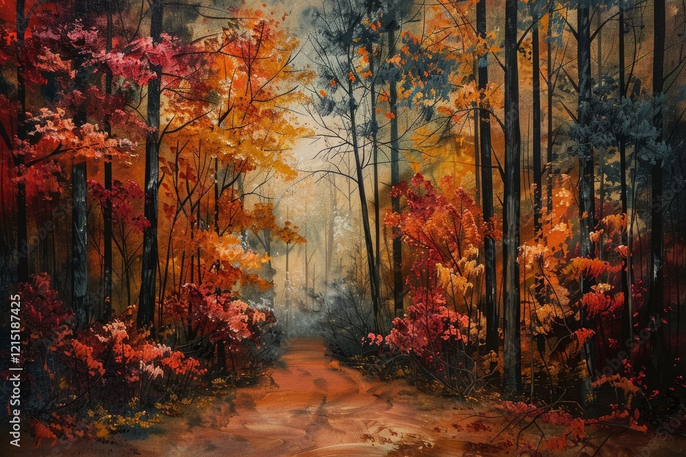 Painting of a tranquil path winding through a forest ablaze with the vibrant colors of autumn foliage Painting of a tranquil path winding through a forest ablaze with the vibrant colors of autumn foliage