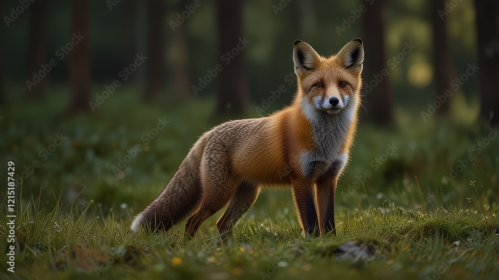 Fototapeta premium Red Fox hunting, Vulpes vulpes, wildlife scene from Europe. Orange fur coat animal in the nature habitat. Fox on the green forest meadow.