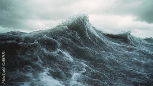 A colossal wave rises monumentally against a stormy sky, embodying the raw power and ceaseless energy of the ocean's force.