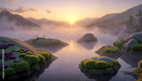 Dawn Mist Over Lavender Water and Rolling Hills