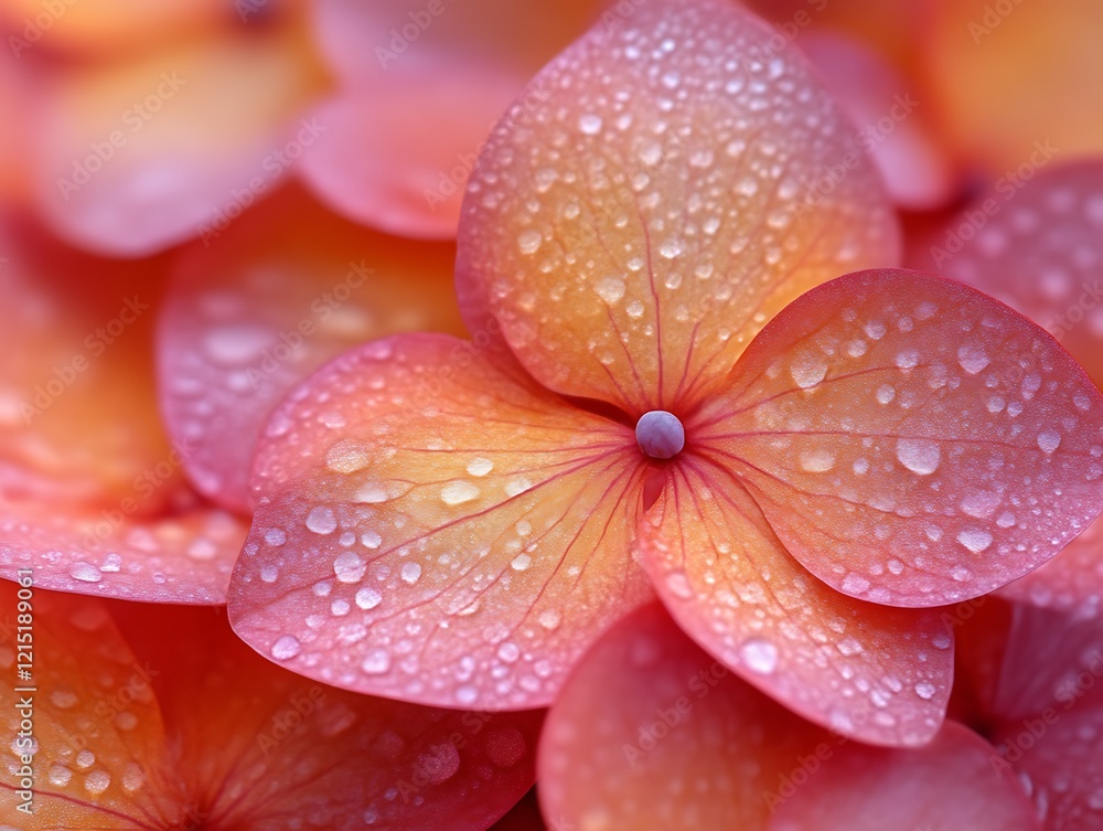 Close-up of dew-covered orange hydrangea petals. Close-up of dew-covered orange hydrangea petals.