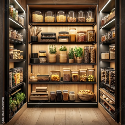 Wallpaper Mural A neatly organized pantry showcasing various containers filled with spices, grains, and herbs, perfect for culinary enthusiasts. Torontodigital.ca