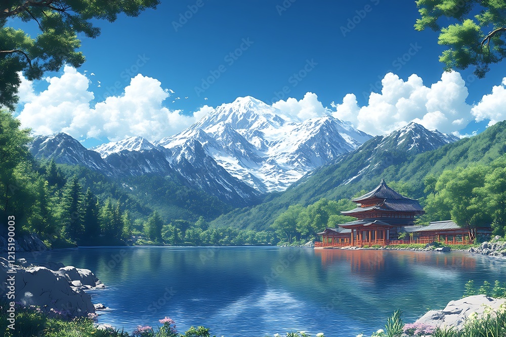 Fototapeta premium Serene mountain lake temple scene.