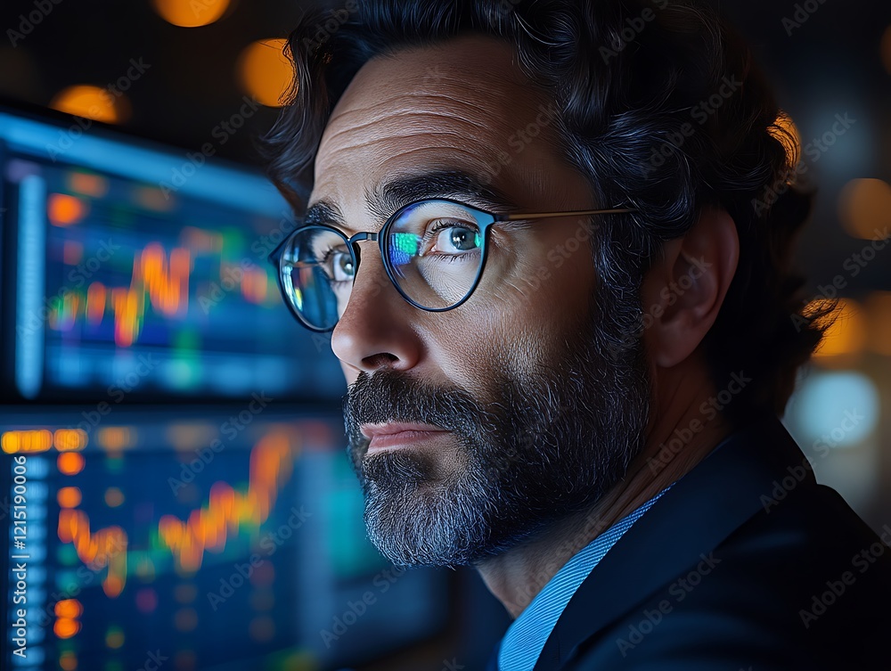Focused businessman analyzing financial data on computer screens at night. (1) Focused businessman analyzing financial data on computer screens at night. (1)