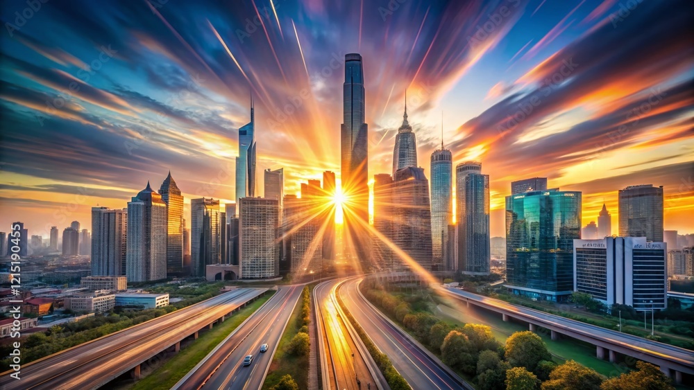 Fototapeta premium Panoramic City Skyline at Sunrise, Long Exposure Photography, Modern Architecture, Urban Landscape, Skyscrapers