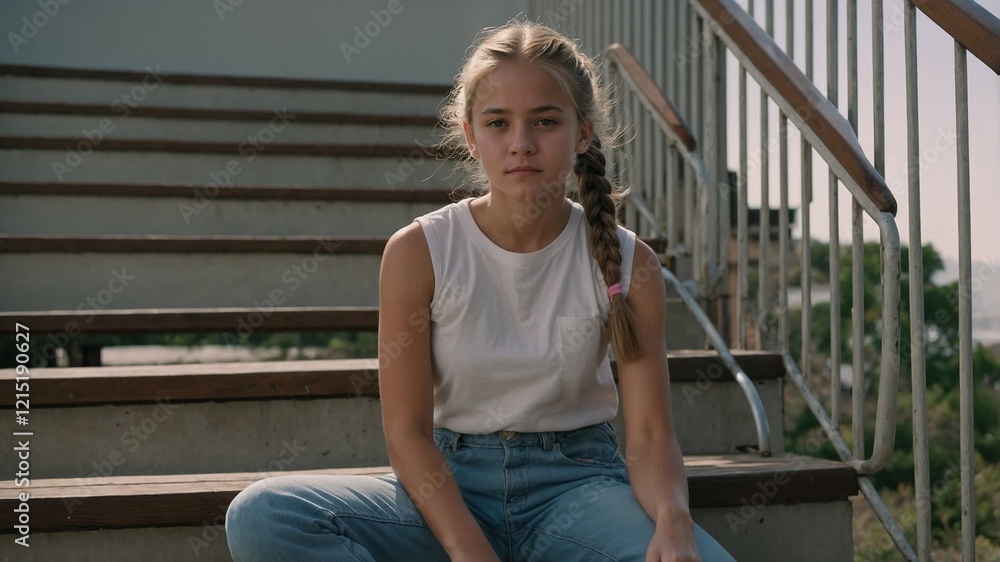 Image features a young girl sitting on a wooden staircase with metal railings. She has light skin and long, light brown hair tied back. She is wearing a white sleeveless top, blue jeans, and white soc Image features a young girl sitting on a wooden staircase with metal railings. She has light skin and long, light brown hair tied back. She is wearing a white sleeveless top, blue jeans, and white soc