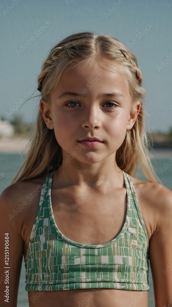 Image is a portrait-style photograph featuring a young girl standing against a plain white background. She has long blonde hair styled in a side braid and is wearing a two-piece swimsuit. The swimsuit Image is a portrait-style photograph featuring a young girl standing against a plain white background. She has long blonde hair styled in a side braid and is wearing a two-piece swimsuit. The swimsuit