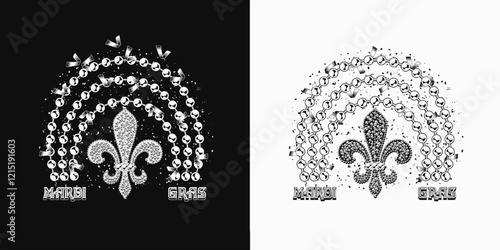 Rainbow made with bead strings, Fleur de Lis sign, flying confetti. Black and white design element, composition with text for Mardi Gras decoration.