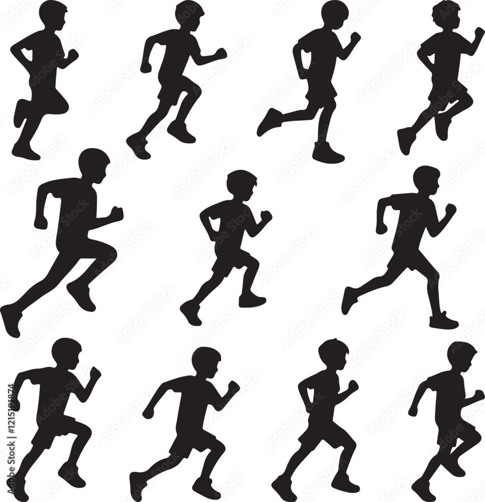 Children Runner Silhouette Design, Running children silhouette vector illustration on a white background Children Runner Silhouette Design, Running children silhouette vector illustration on a white background