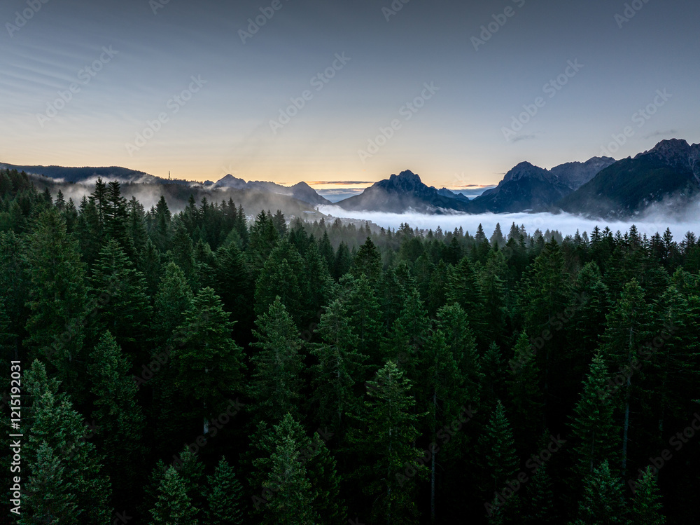 Scenic aerial morning view of misty valleys and forested landscapes in the Dolomites, with Antelao and Cridola peaks in the background. Captured near Danta village, Italy. Hiking in Dolomites.