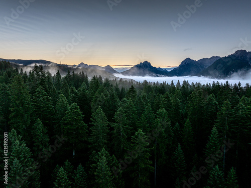 Obraz na płótnie Scenic aerial morning view of misty valleys and forested landscapes in the Dolomites, with Antelao and Cridola peaks in the background. Captured near Danta village, Italy. Hiking in Dolomites. w salonie