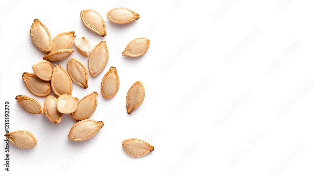 A Collection of Raw Pumpkin Seeds on a White Background A Collection of Raw Pumpkin Seeds on a White Background
