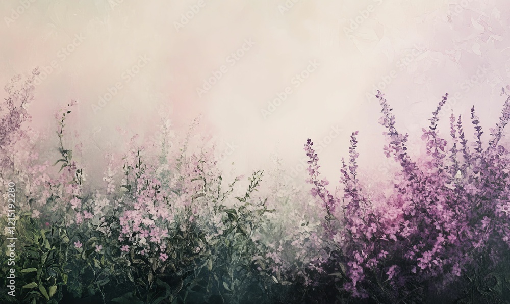 Fototapeta premium Flowering purple plants reach up, soft pastel background.