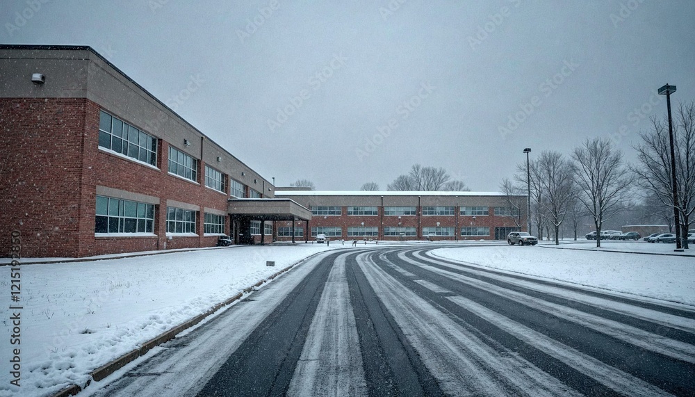 Fototapeta premium Snowy School Parking Lot with Tire Tracks