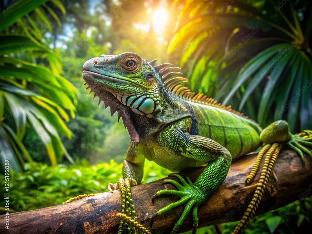 Fototapeta premium Panoramic Green Iguana in Lush Tropical Habitat - Stock Photo