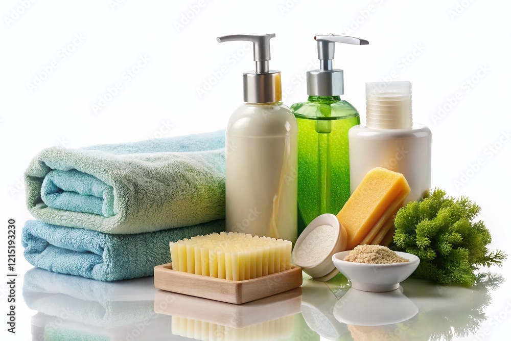 Panoramic High-Detail Hotel Bathroom Amenities: Shampoo, Soap, Toothbrush, Towel Panoramic High-Detail Hotel Bathroom Amenities: Shampoo, Soap, Toothbrush, Towel