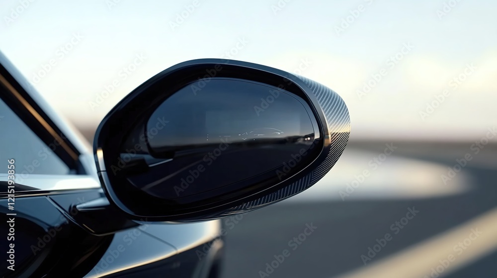 Close-up of the side mirror on an electric car, reflecting the road and sky in clear detail. Close-up of the side mirror on an electric car, reflecting the road and sky in clear detail.