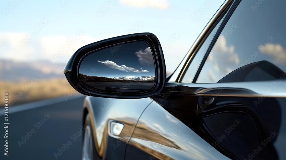 Fototapeta premium Close-up of the side mirror on an electric car, reflecting the road and sky in clear detail.