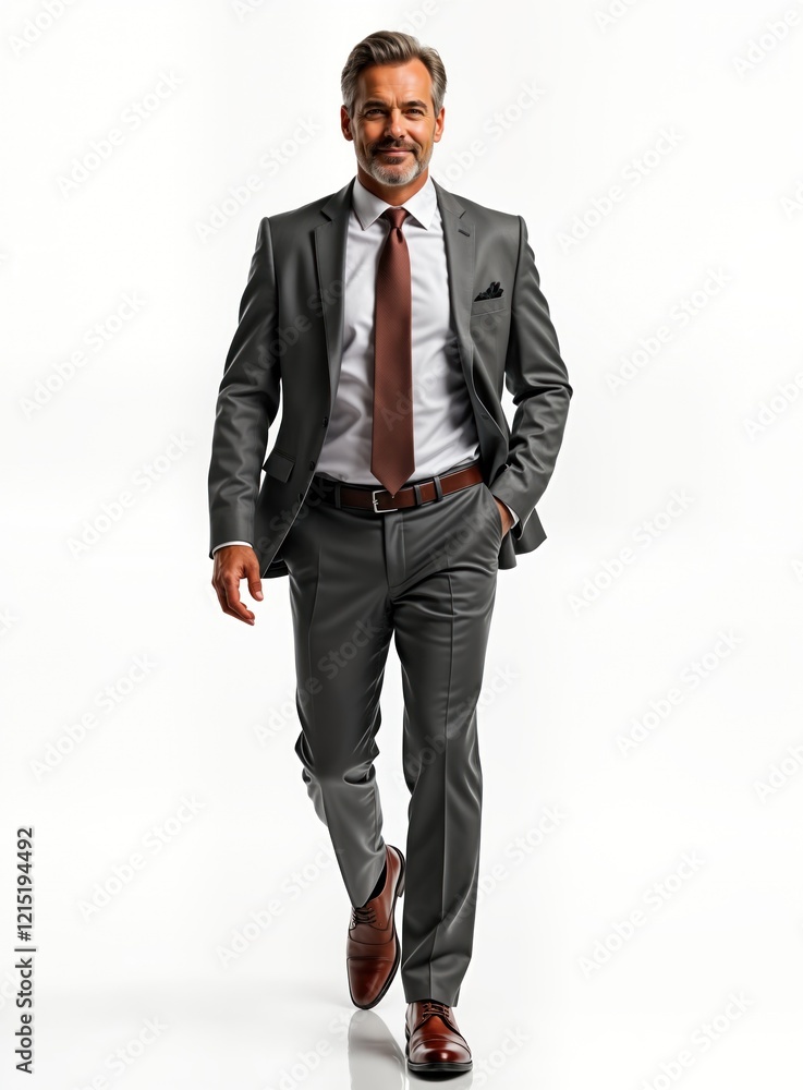 Fototapeta premium Confident businessman walks confidently. Wears grey suit, brown shoes. Stylish, successful. Studio shot against white background. Pro, elegant. Businessman in motion. Walking forward with