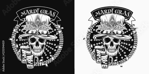 Mardi Gras themed circular label. Monochrome emblem with strings of beads, glass of beer, flying confetti, text in ribbon, human skull in tall cylinder hat. Vintage holiday composition.