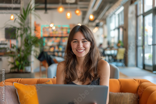 A woman is sitting on a couch with a laptop in front of her